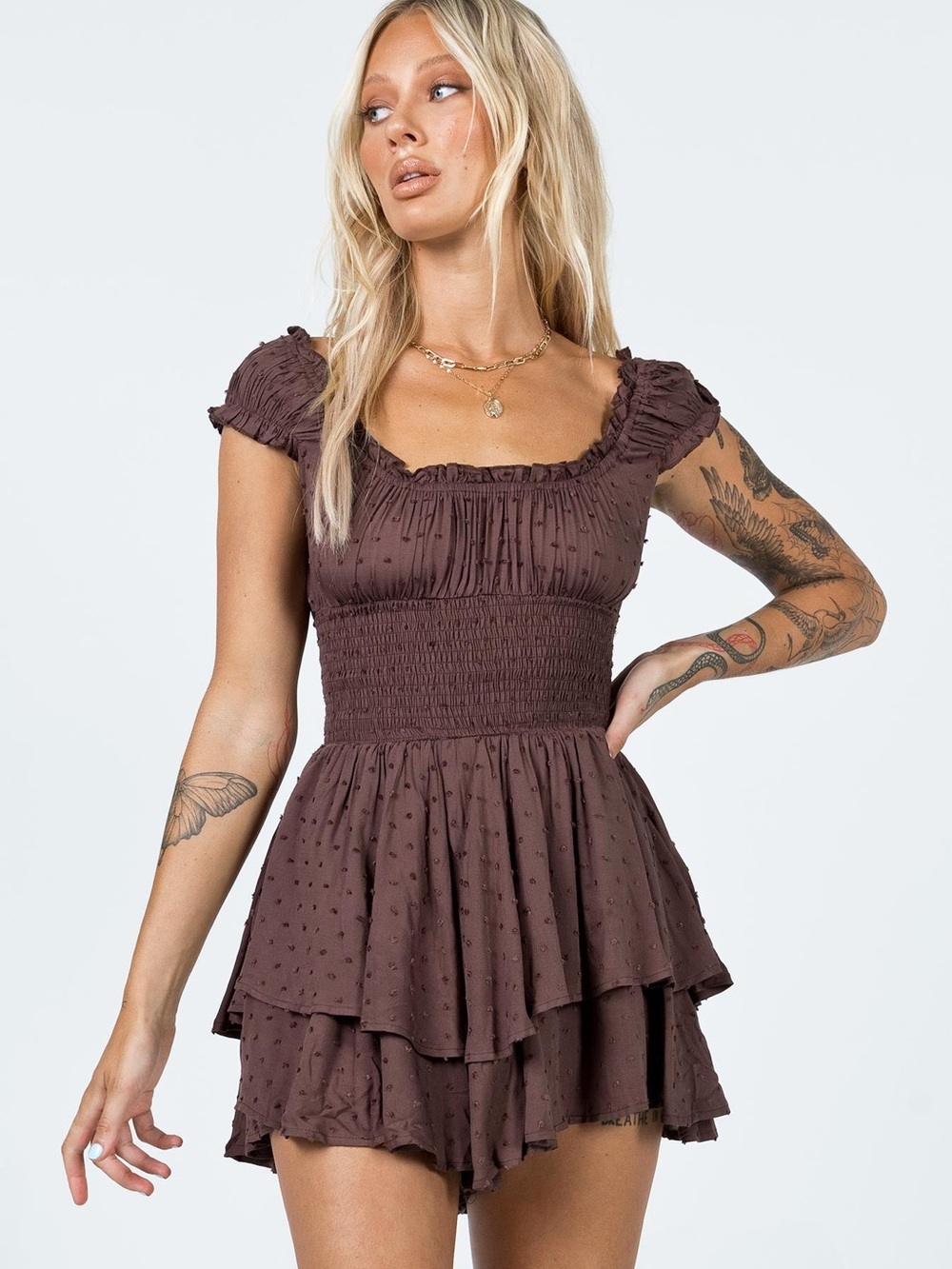 Princess Polly Brown Dot Romper Ruffle Layered Short Sleeve Women’s US 6